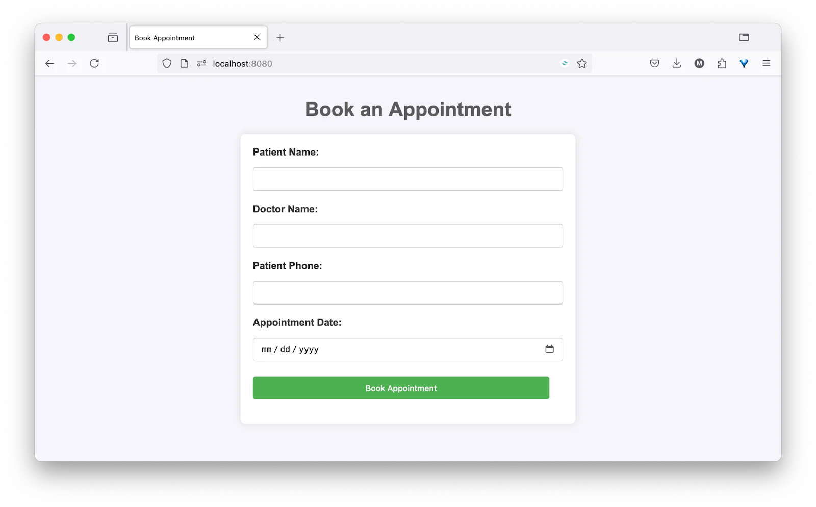 Screenshot of an online form for booking an appointment with fields for patient name, doctor name, phone, and date. Screenshot of an online form for booking an appointment with fields for patient name, doctor name, phone, and date.