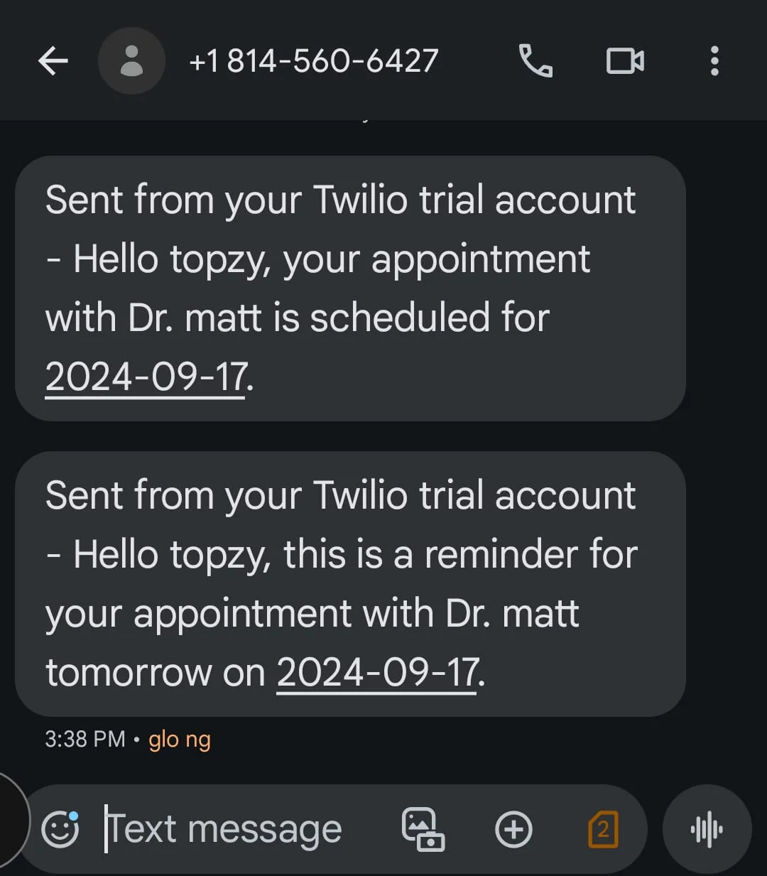 Two SMS reminders from Twilio about an appointment with Dr. Matt on 2024-09-17. Two SMS reminders from Twilio about an appointment with Dr. Matt on 2024-09-17.