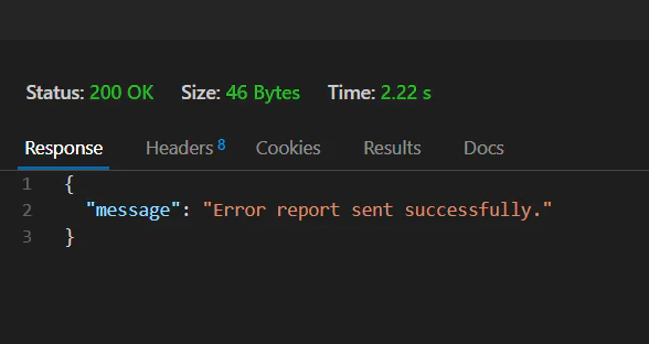 HTTP response indicating success with the message Error report sent successfully. Success message showing a successful error report sent.