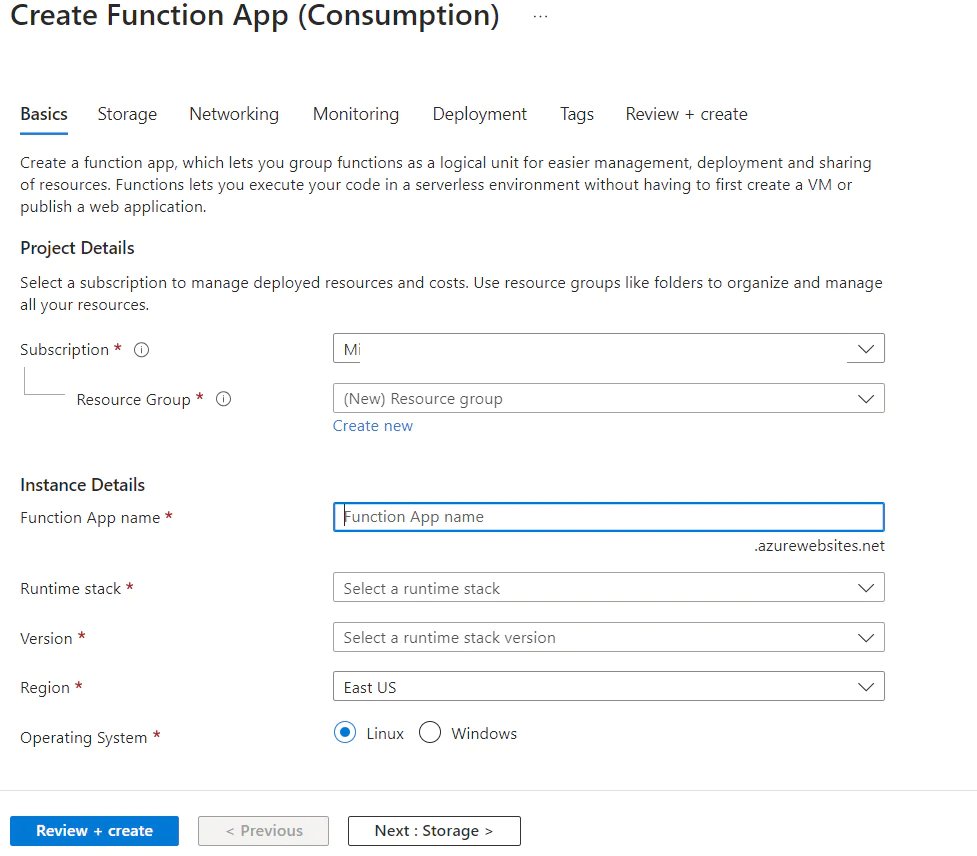 The create function app page in Azure