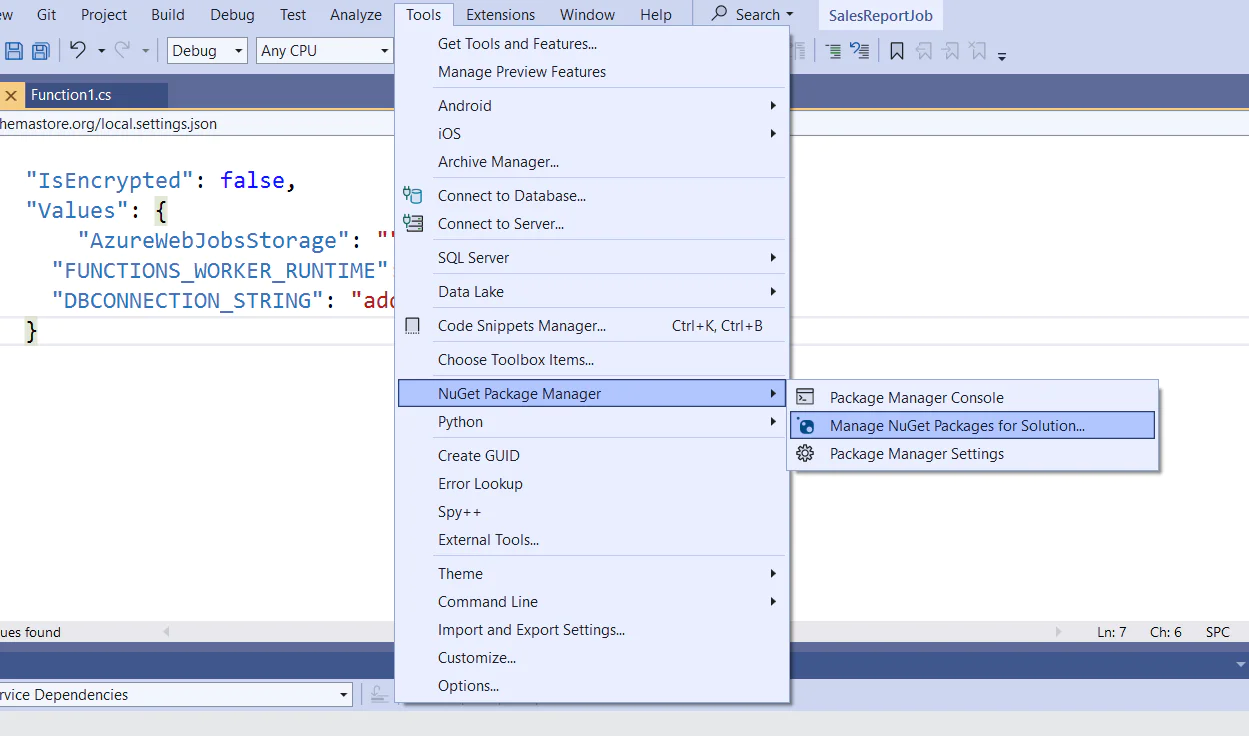 Visual Studio showing Tools menu