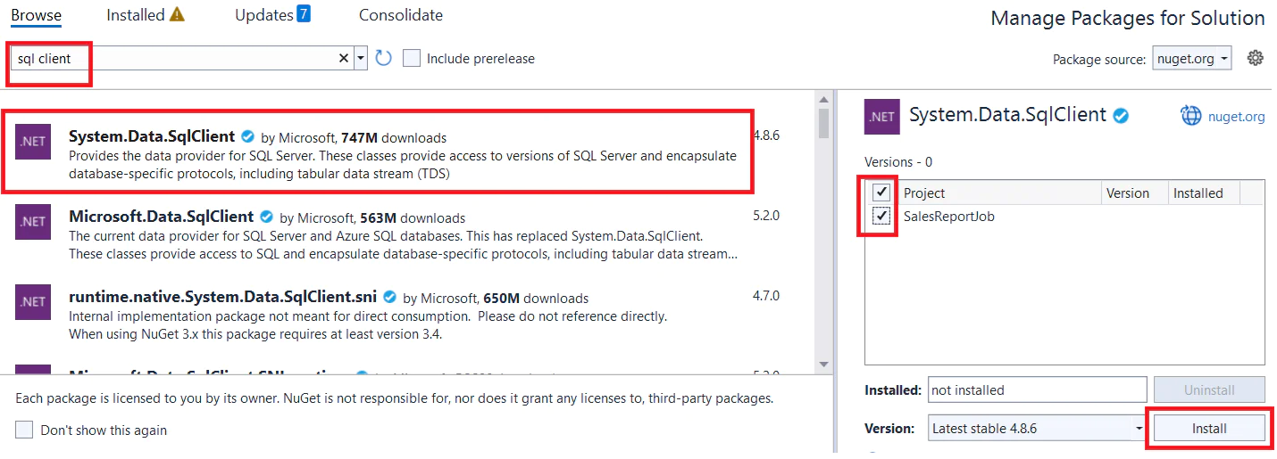 Visual Studio Nuget package manager showing selection of SQL Client package