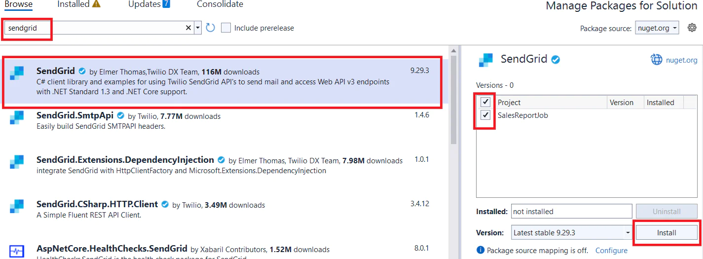 Visual Studio Nuget package manager showing selection of SendGrid