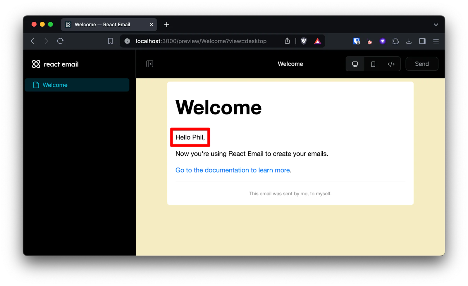 The email preview tool again. This time, because we used React props to pass in a name, the email reads "Hello Phil".
