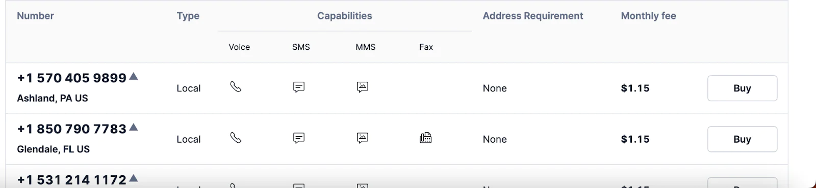 Table showing phone numbers, their capabilities, address requirements, and monthly fees. twilio console image