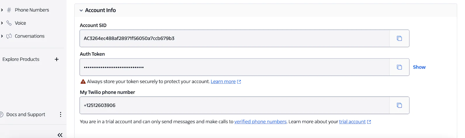 Twilio dashboard showing Account SID, Auth Token, and a Twilio phone number Image of Twilio Console