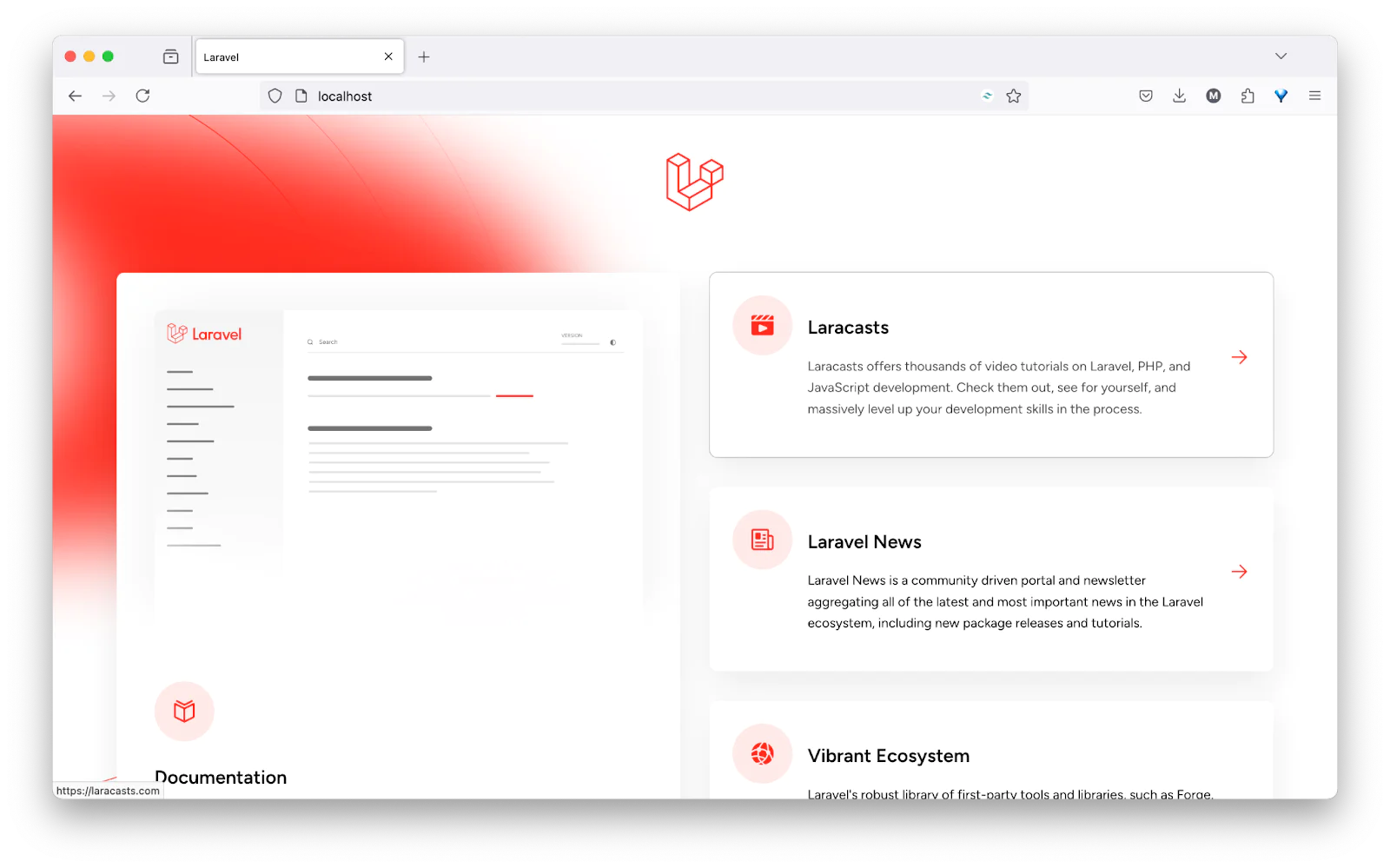 Screenshot of Laravel's documentation, Laravel News, and Laracasts sections on their official website. Screenshot of Laravel's documentation, Laravel News, and Laracasts sections on their official website.