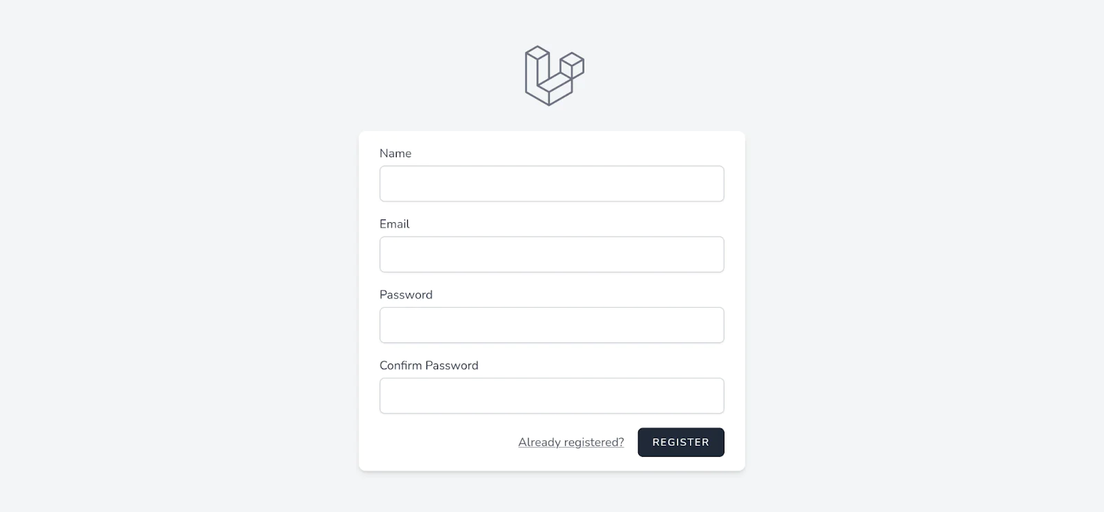 Registration form page with fields for name, email, password, and confirm password, with Laravel logo. Laravel Breeze registration page