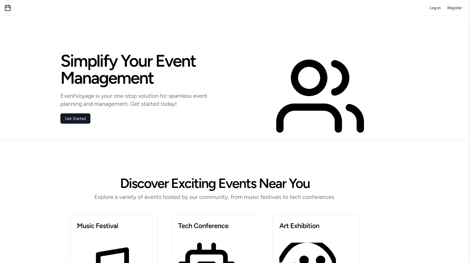 Homepage of Event Voyage showcasing event management and nearby event discovery features. Homepage