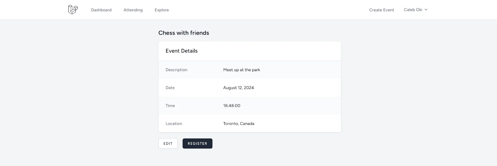Event details for a chess meetup with friends including date, time, location, and registration button. Event details for a chess meetup with friends including date, time, location, and registration button.