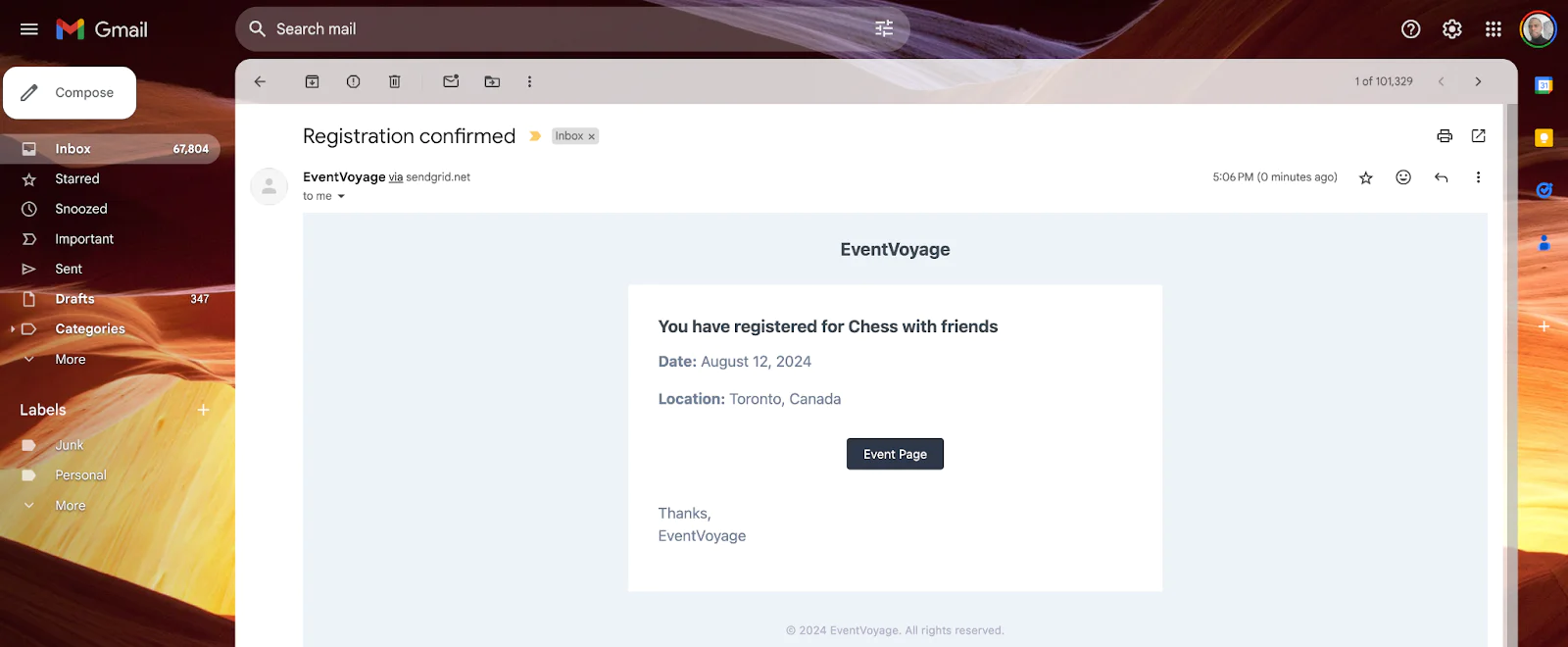 Screenshot of an email confirming registration for a chess event in Toronto, Canada on August 12, 2024. Screenshot of an email confirming registration for a chess event in Toronto, Canada on August 12, 2024.