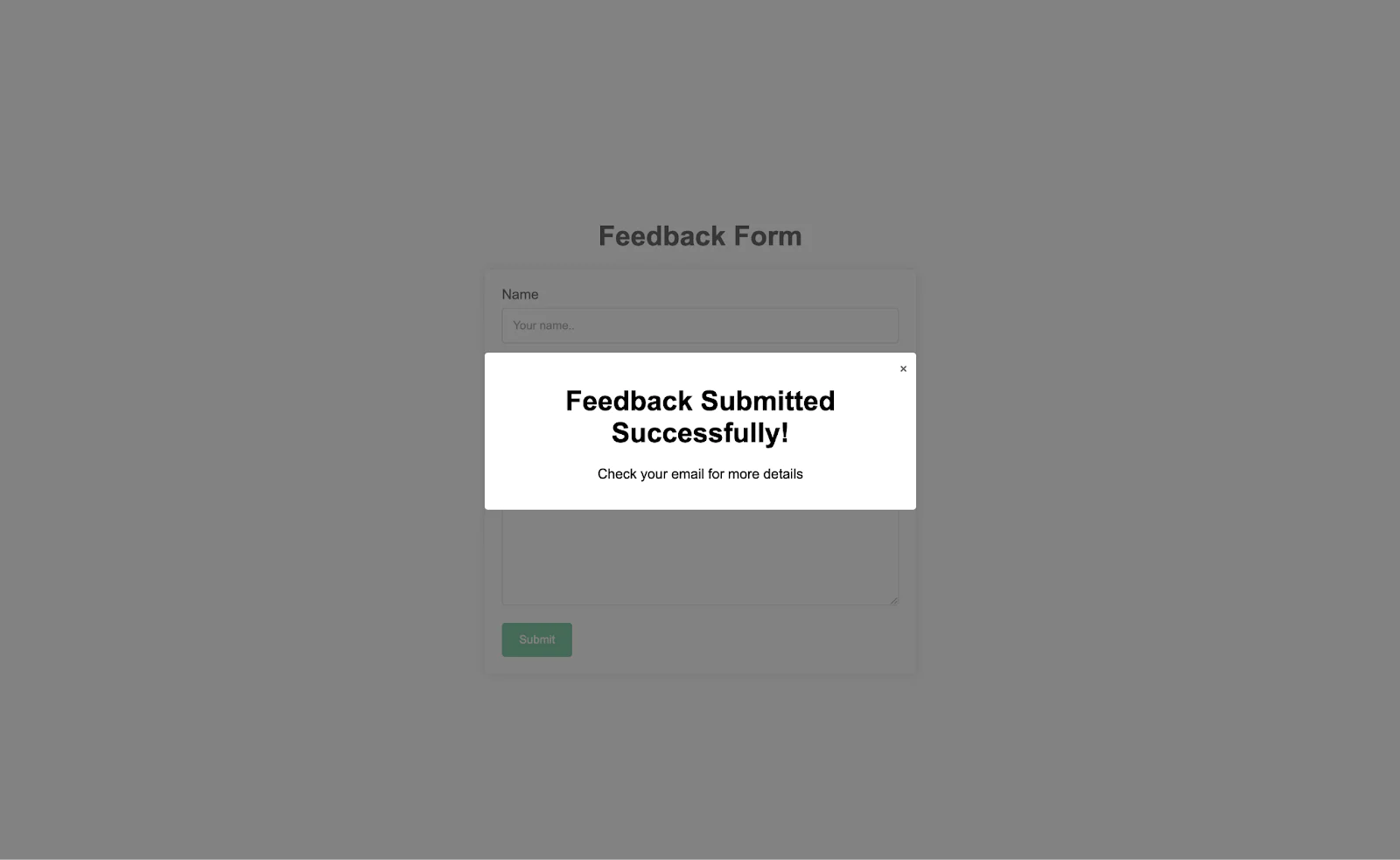 Feedback form success modal