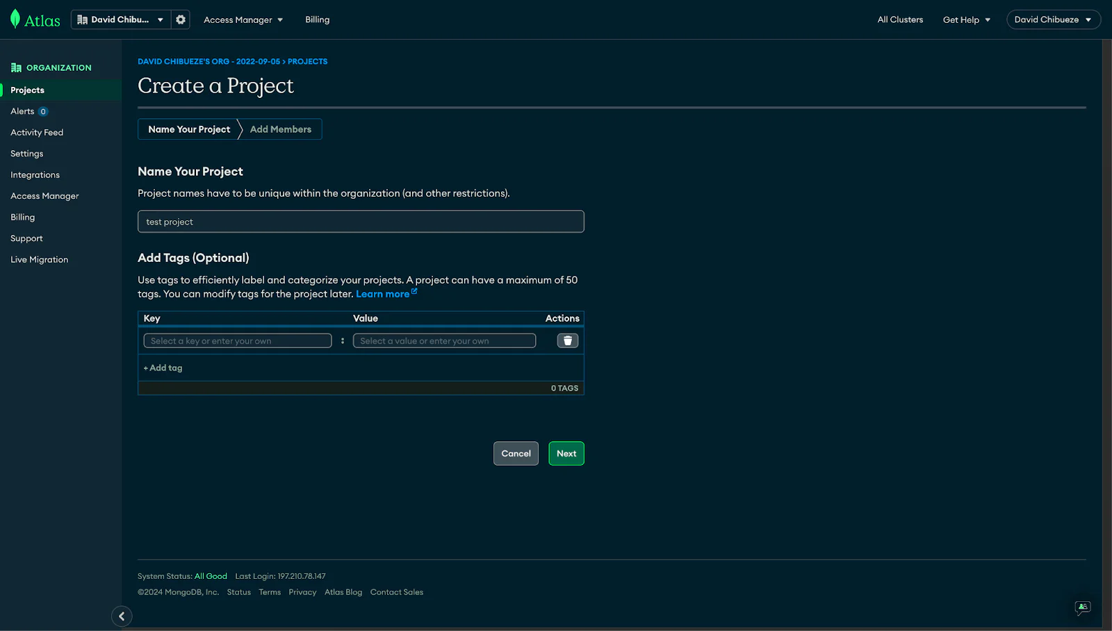 MongoDB create project page