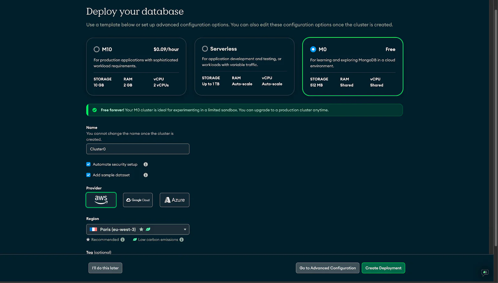 MongoDB deploy database form