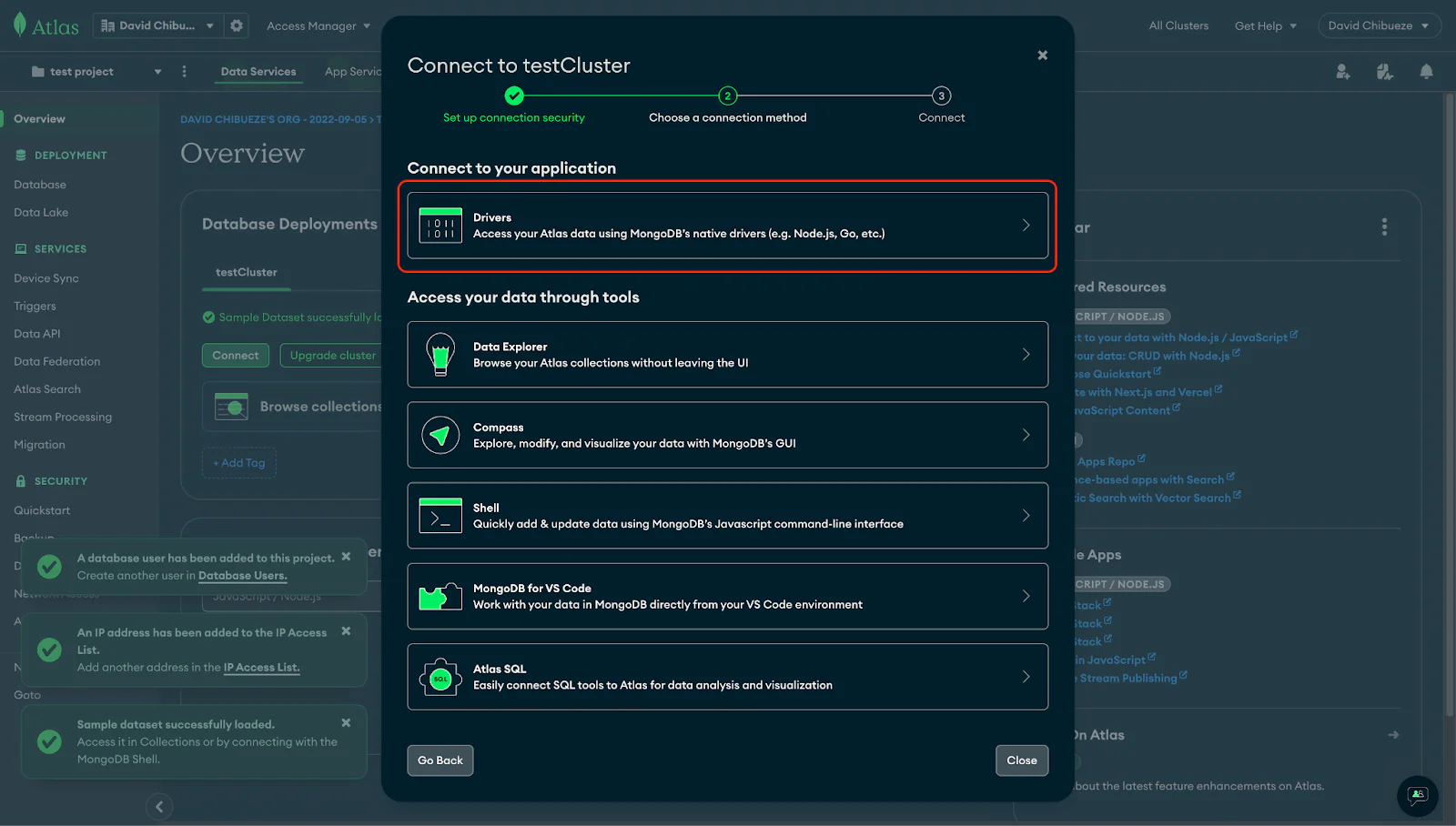 MongoDB choose connection method modal