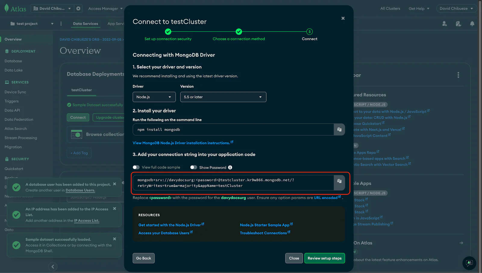 copy MongoDB URI modal