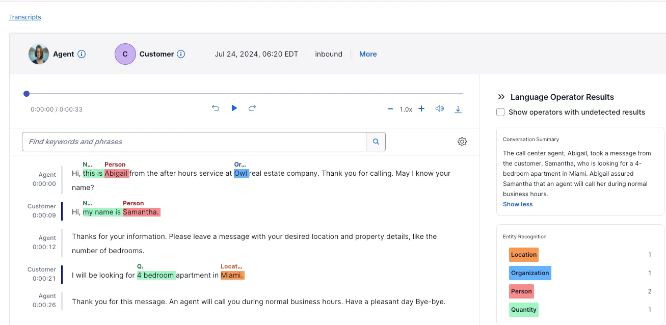 Voice Intelligence transcript viewer Voice Intelligence transcript viewer