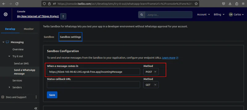 Configuring the Twilio Whatsapp sandbox settings