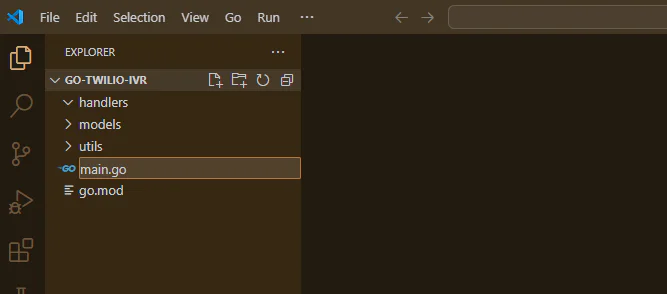 Screenshot of Visual Studio Code showing GO-Twilio-IVR project with folders and main.go file selected. Screenshot of Visual Studio Code showing GO-Twilio-IVR project with folders and main.go file selected.