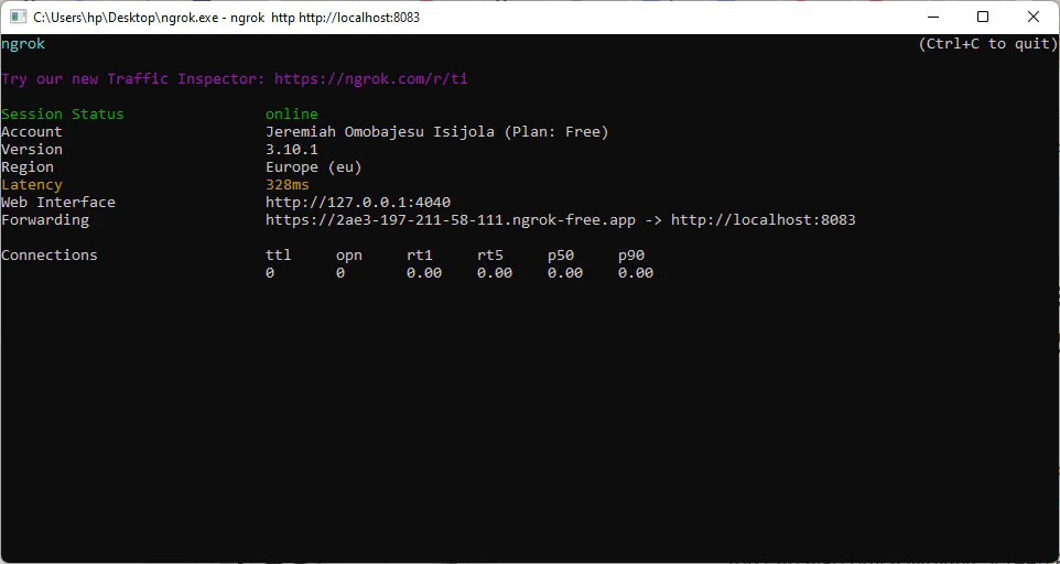 Command prompt showing Ngrok session status, account, version, region, latency, web interface, and connections. Command prompt showing Ngrok session status, account, version, region, latency, web interface, and connections.