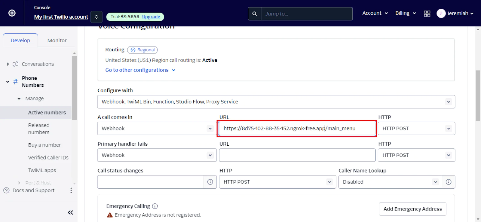 Twilio console showing voice configuration settings with a webhook URL highlighted. Twilio console showing voice configuration settings with a webhook URL highlighted.