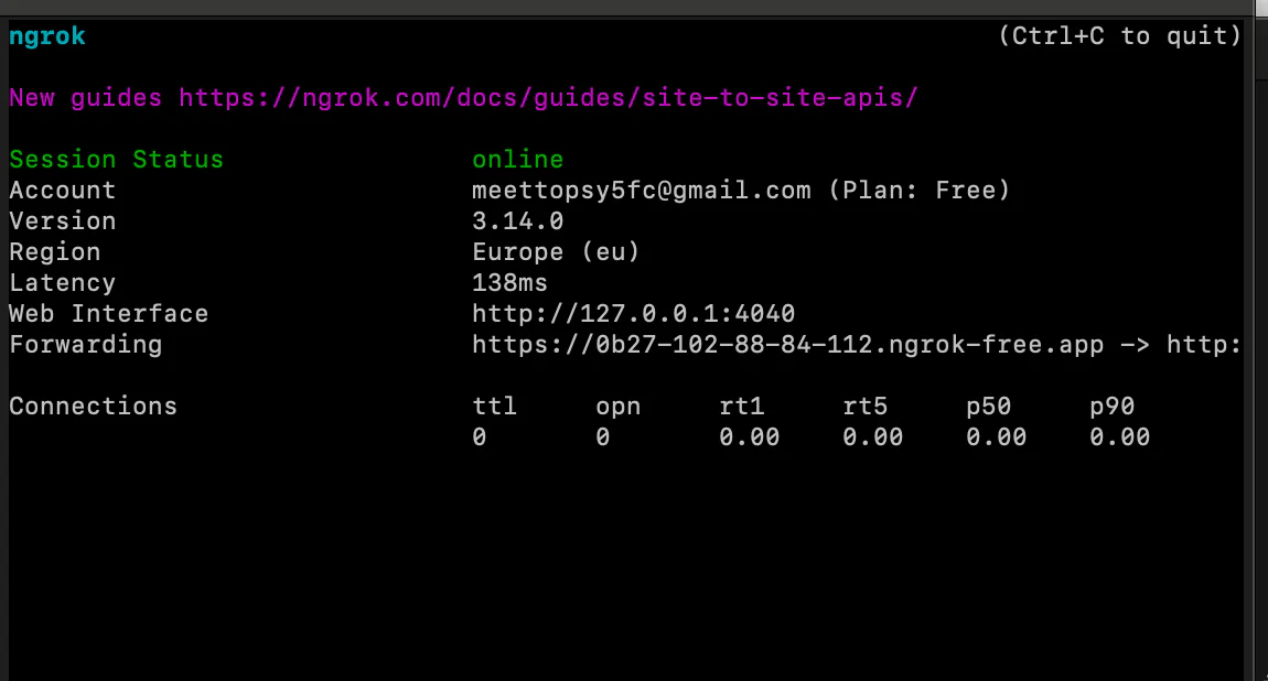 Terminal showing ngrok session status, account email, region (Europe), and forwarding URL. setting up and running ngrok