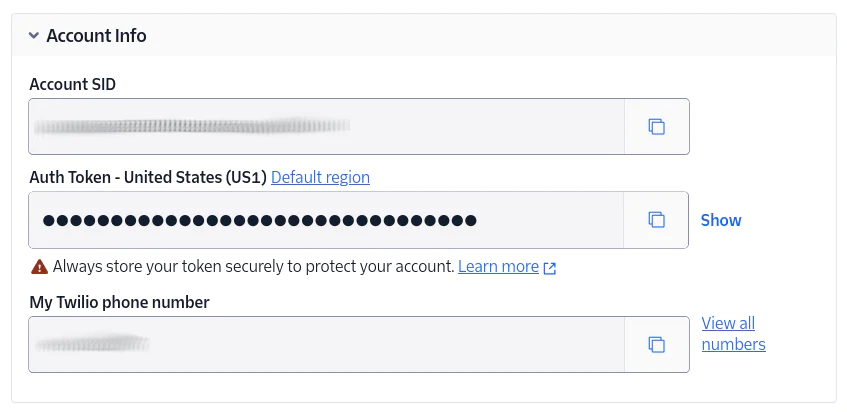 Twilio account settings showing Account SID, Auth Token, and Twilio phone number. Get your Twilio credentials from your console
