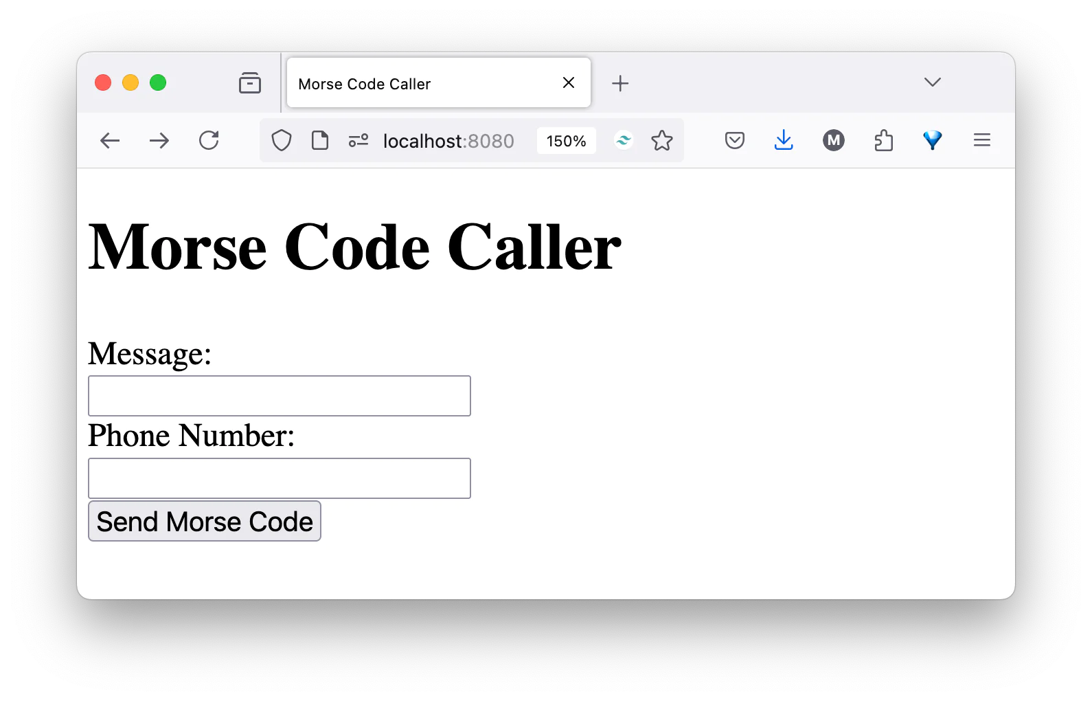 Screenshot of a web page with fields for entering a message and phone number, with a button labeled Send Morse Code Image displaying the morse code caller view
