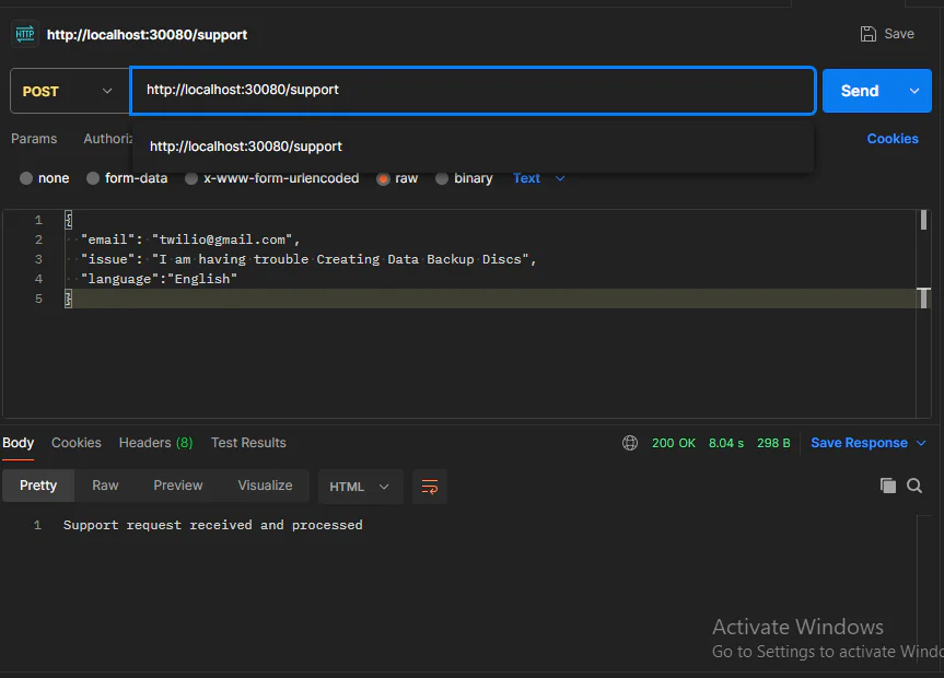 Postman's window showing how to send a POST request to a server using a JSON payload