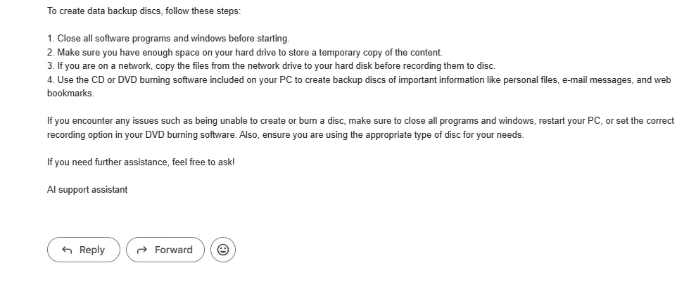 Email screenshot showing the solution sent by the app to the issue  am having trouble Creating Data Backup Discs