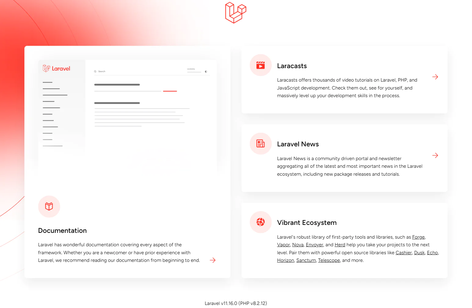 Laravel homepage features documentation, tutorials, news, and ecosystem resources. Laravel homepage features documentation, tutorials, news, and ecosystem resources.