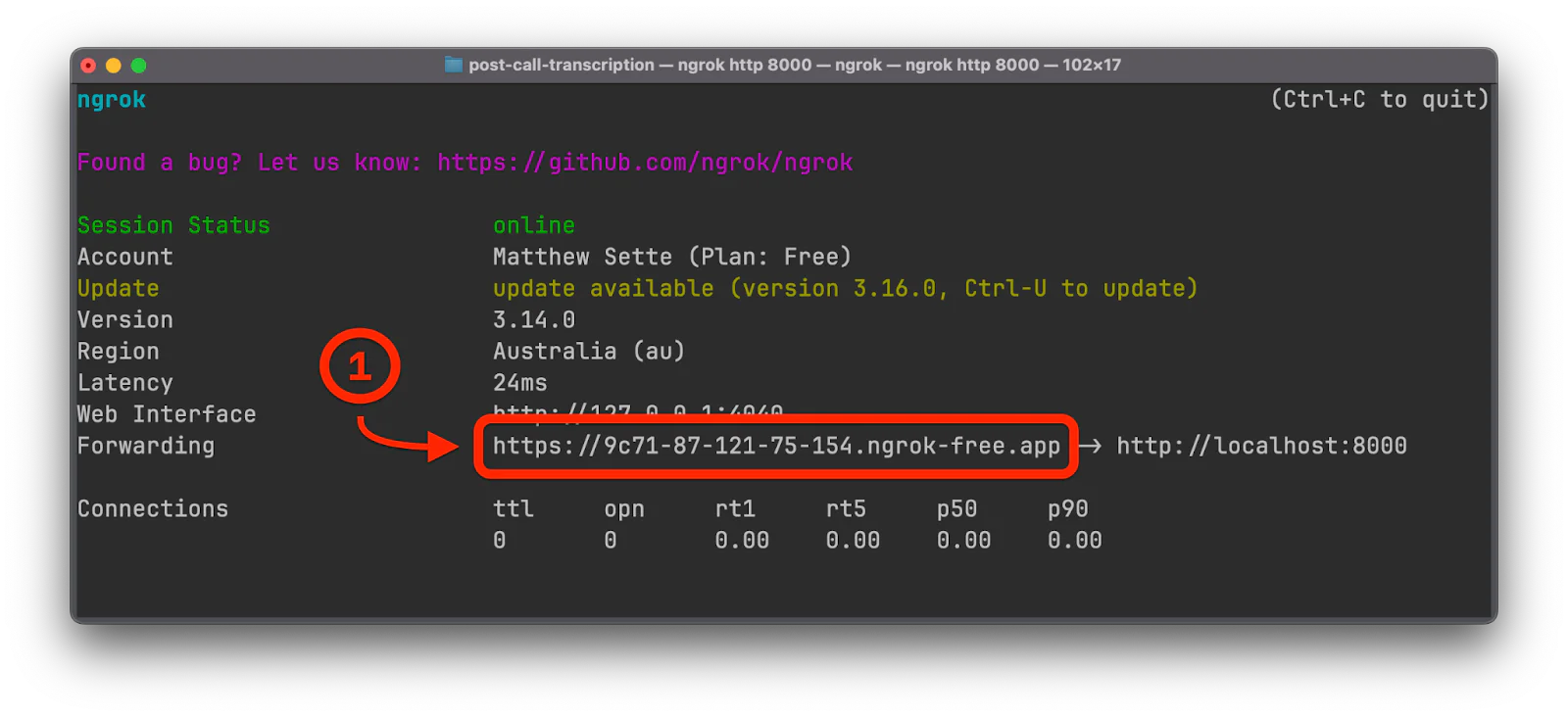 Screenshot of ngrok console displaying session status, plan details, and a public URL for tunneling. Screenshot of ngrok console displaying session status, plan details, and a public URL for tunneling.
