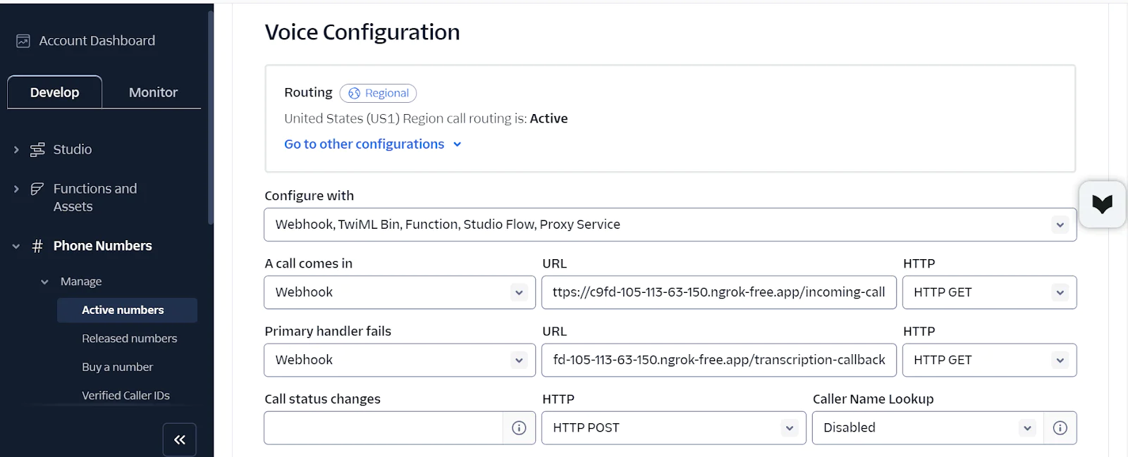 Screenshot of the Voice Configuration settings page showing routing and URL configurations for a call. Screenshot of the Voice Configuration settings page showing routing and URL configurations for a call.