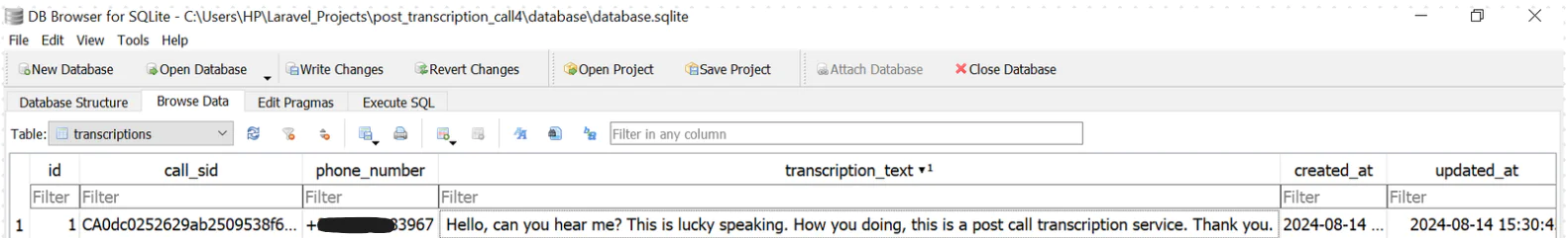 SQLite database browser showing a table with call transcription records and associated metadata. SQLite database browser showing a table with call transcription records and associated metadata.