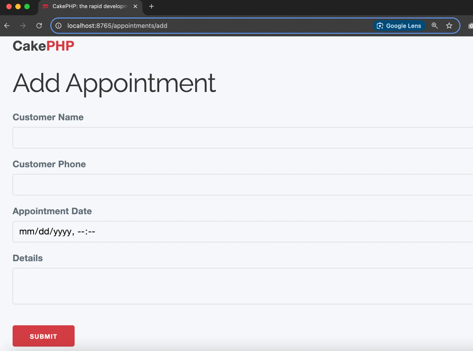 CakePHP form for adding an appointment with fields for customer name, phone, appointment date, and details. Image displaying the from in which the appointment details for a client is entered