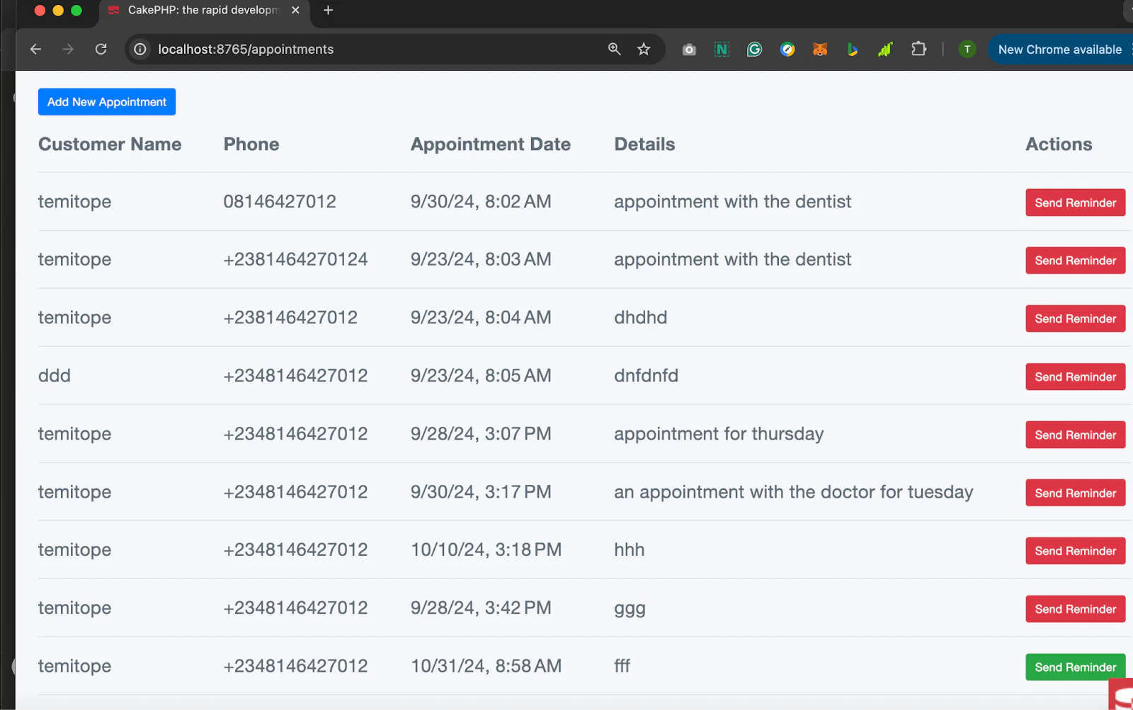 A web dashboard showing a list of appointments with the option to send reminders. A web dashboard showing a list of appointments with the option to send reminders.