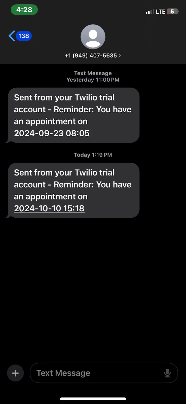 Screenshot of text message reminders for appointments from Twilio trial account. Image displaying message reminder regarding an appointment