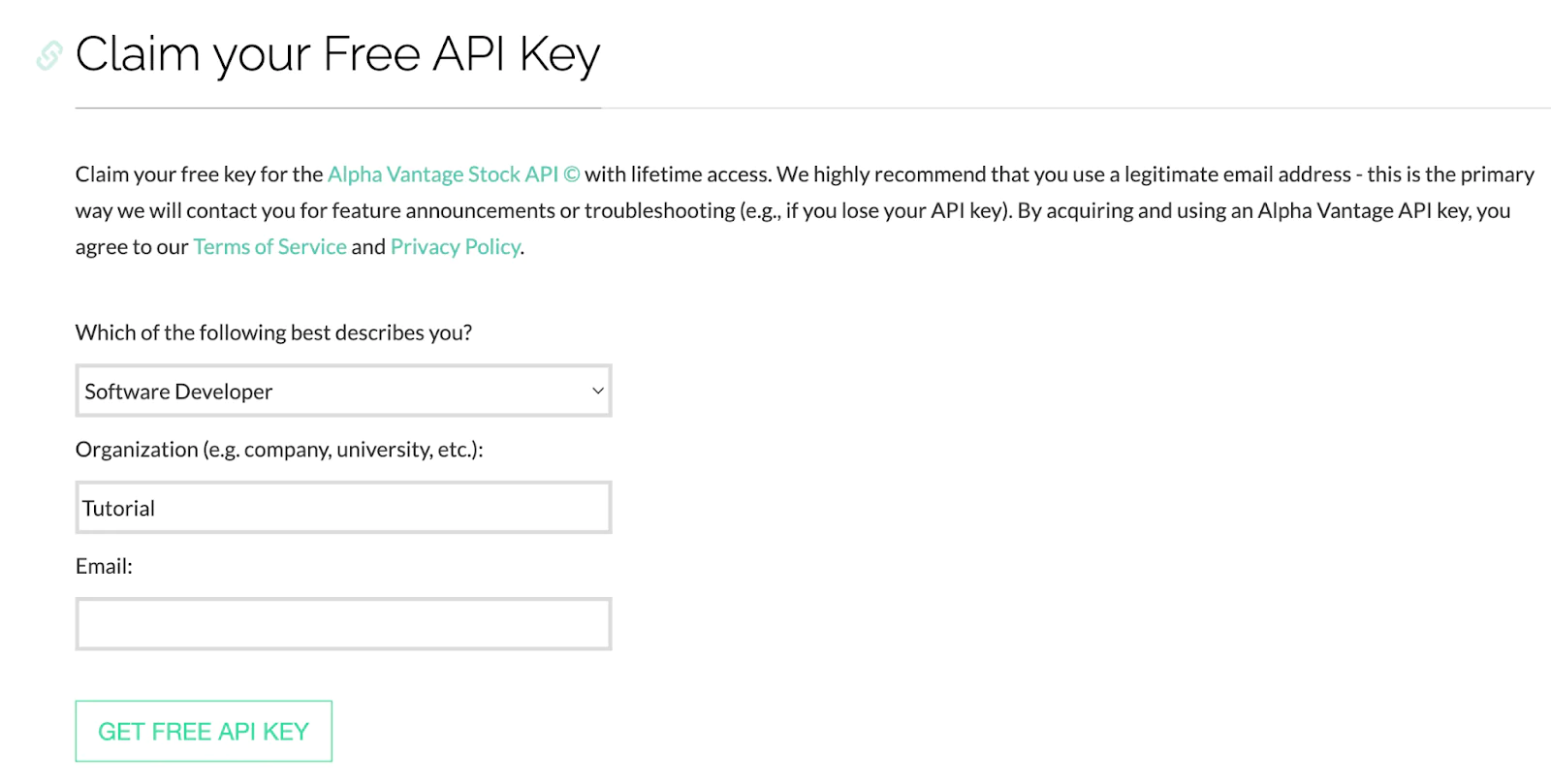Sign-up form to get a free API key for Alpha Vantage with fields for role, organization, and email. Retrieving Alpha Vantage API key