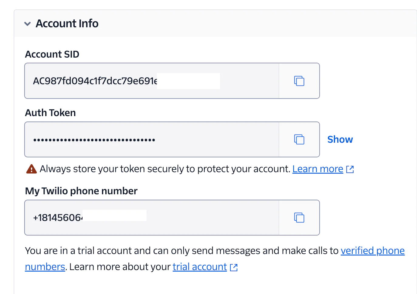 Screenshot showing Twilio account details with Account SID, Auth Token, and Twilio phone number. Twilio account information