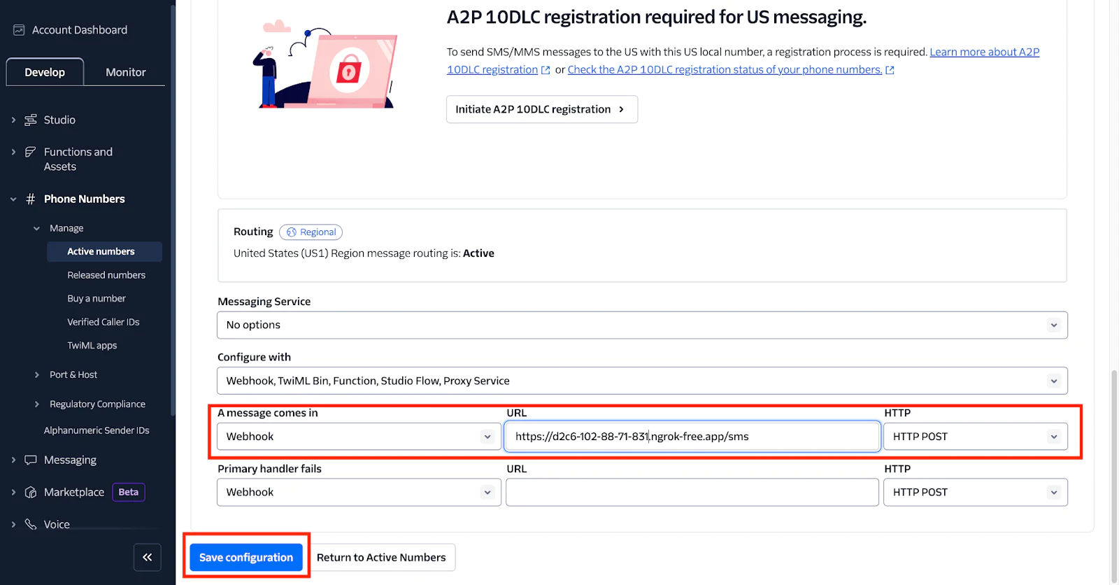 Screenshot showing the configuration of webhook URL for incoming messages in a messaging service dashboard. Twilio SMS Webhook Configuration