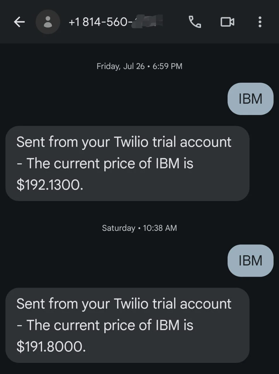 SMS conversation showing IBM stock price updates from a Twilio trial account. Demo trial testing