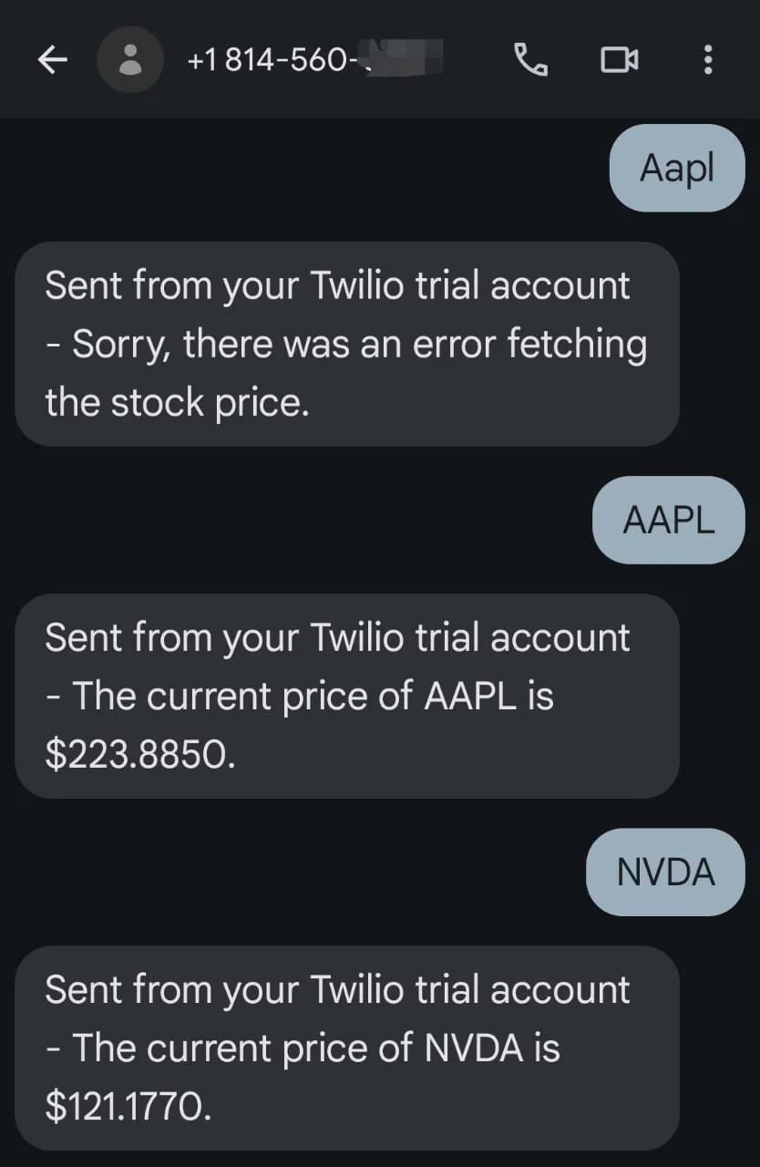SMS conversation showing stock prices for AAPL and NVDA from a Twilio trial account. Retrieving the Stock Price