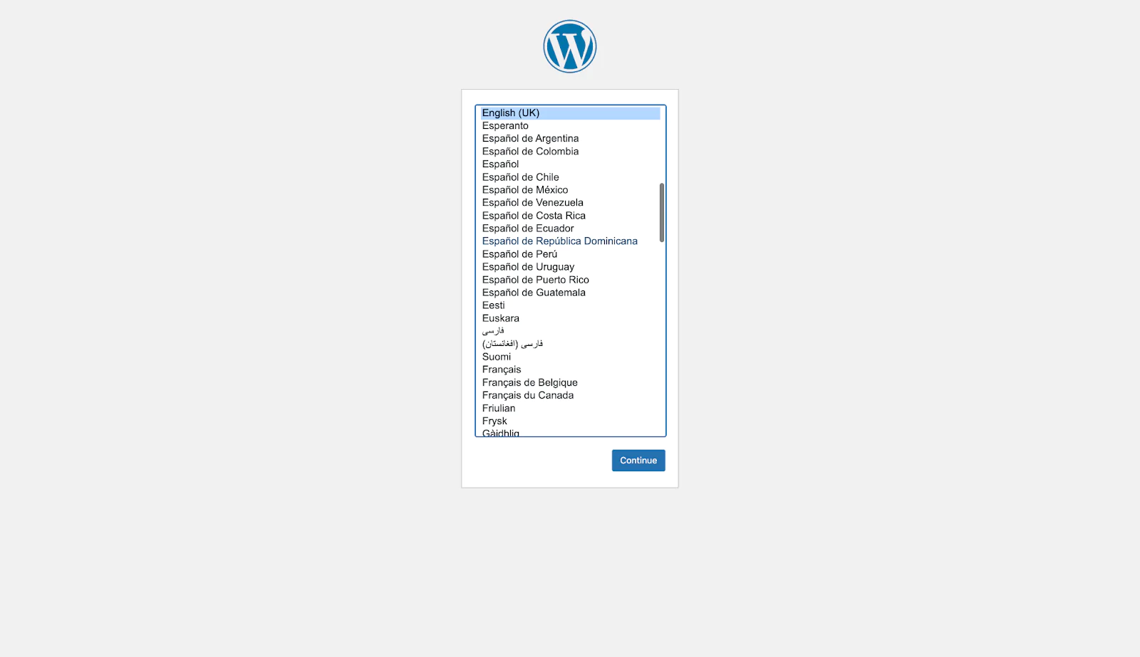 WordPress installation screen displaying multiple language options in a dropdown menu. WordPress installation screen displaying multiple language options in a dropdown menu.