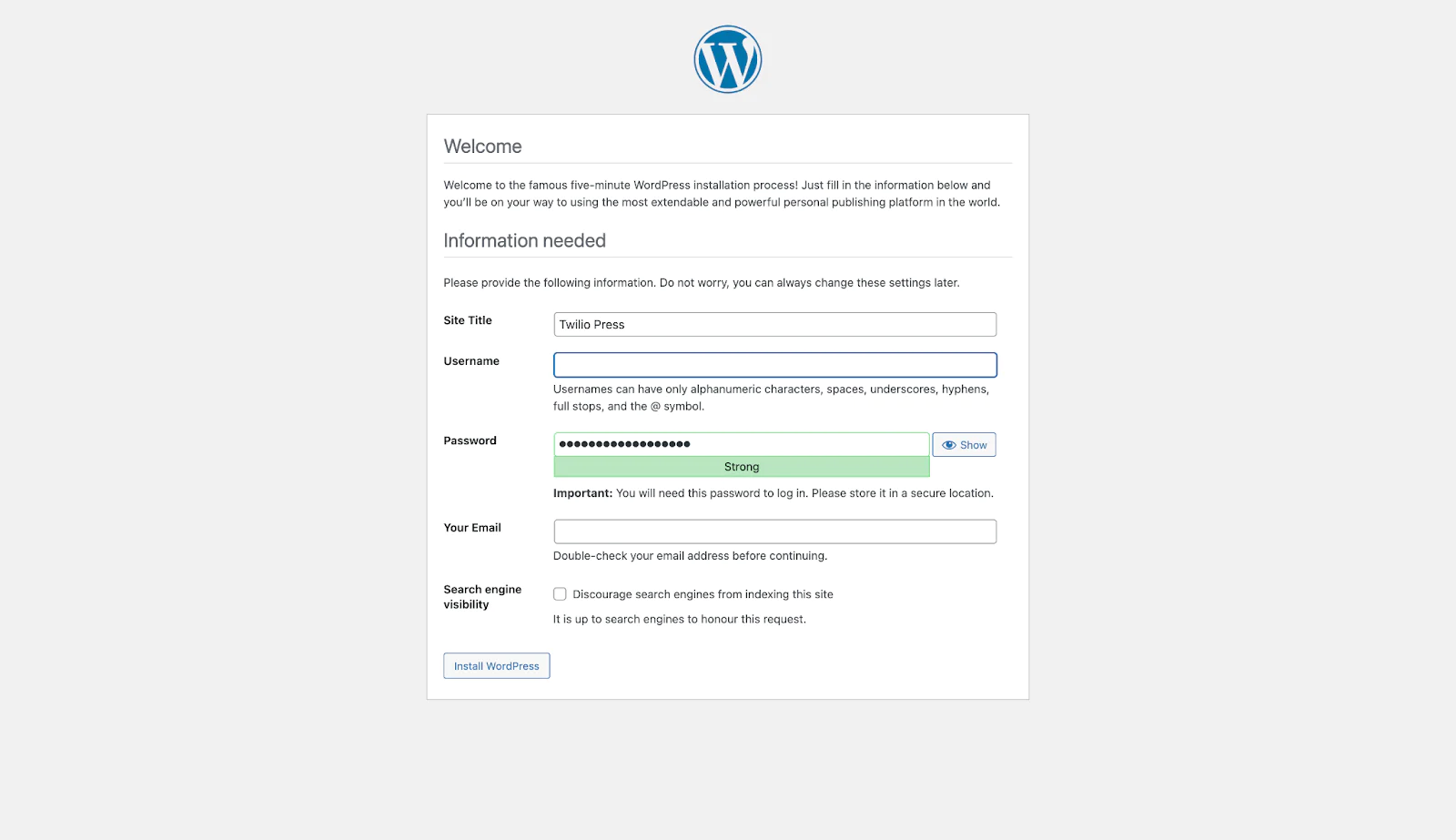 WordPress installation setup page with fields for site title, username, password, email, and privacy option. WordPress installation setup page with fields for site title, username, password, email, and privacy option.