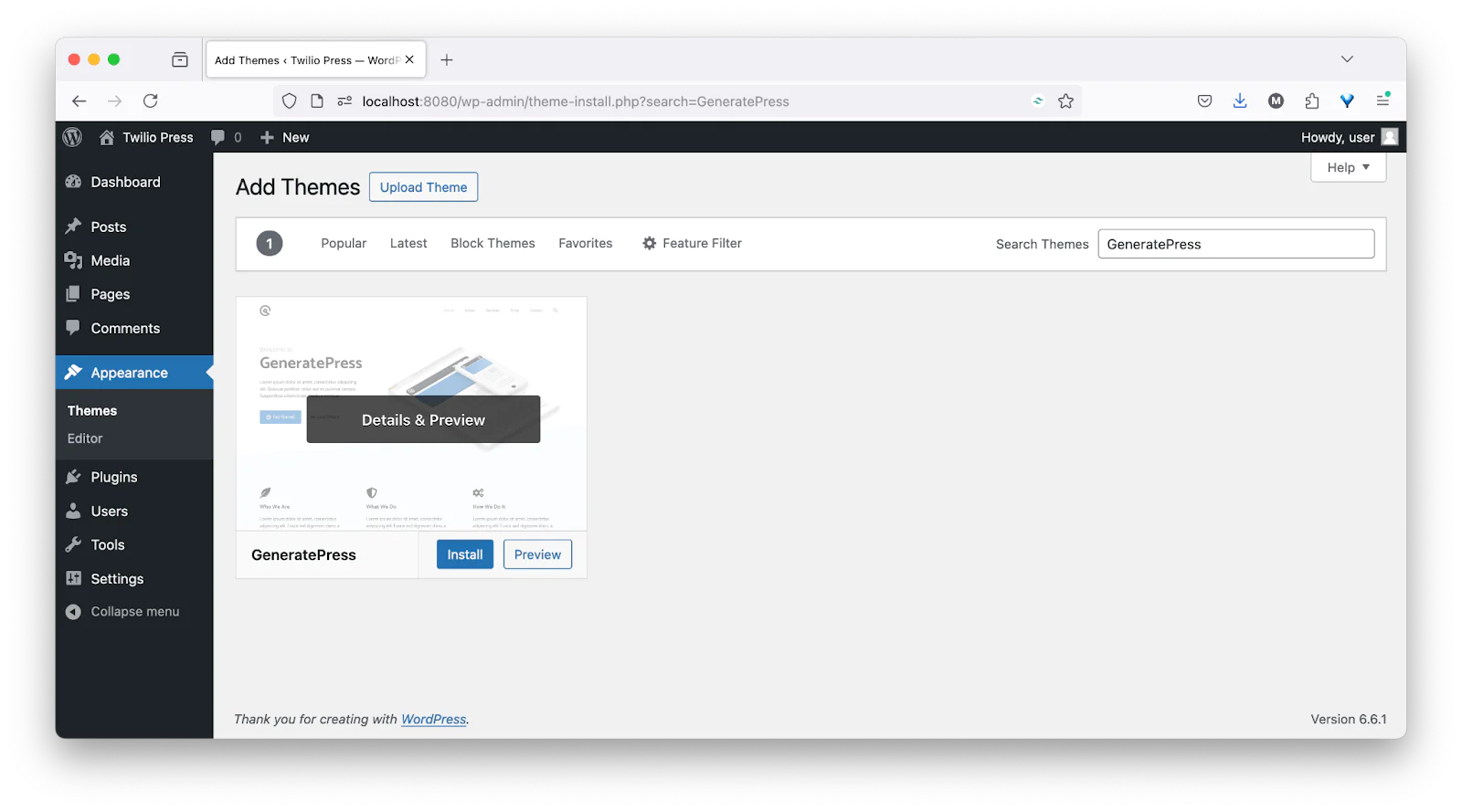 Screenshot of WordPress theme installation interface, highlighting the GeneratePress theme with install and preview options. Screenshot of WordPress theme installation interface, highlighting the GeneratePress theme with install and preview options.