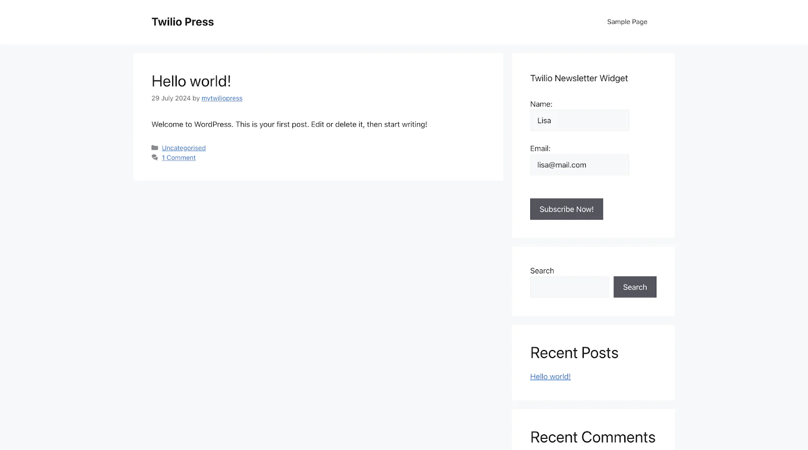 Screenshot of a WordPress blog post titled Hello world! with a newsletter signup and recent posts. Screenshot of a WordPress blog post titled Hello world! with a newsletter signup and recent posts.