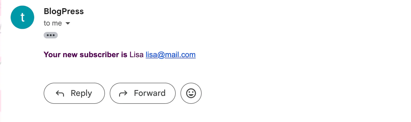 Email showing a new subscriber named Lisa with the email address lisa@mail.com. Email showing a new subscriber named Lisa with the email address lisa@mail.com.