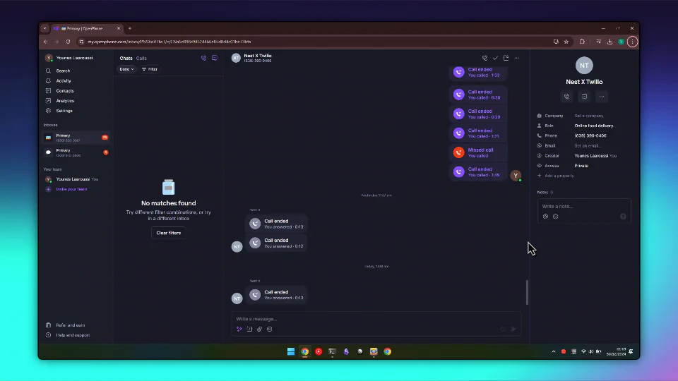 A dark-themed messaging app displaying chat history, contact list, and call notifications on a desktop screen. A dark-themed messaging app displaying chat history, contact list, and call notifications on a desktop screen.