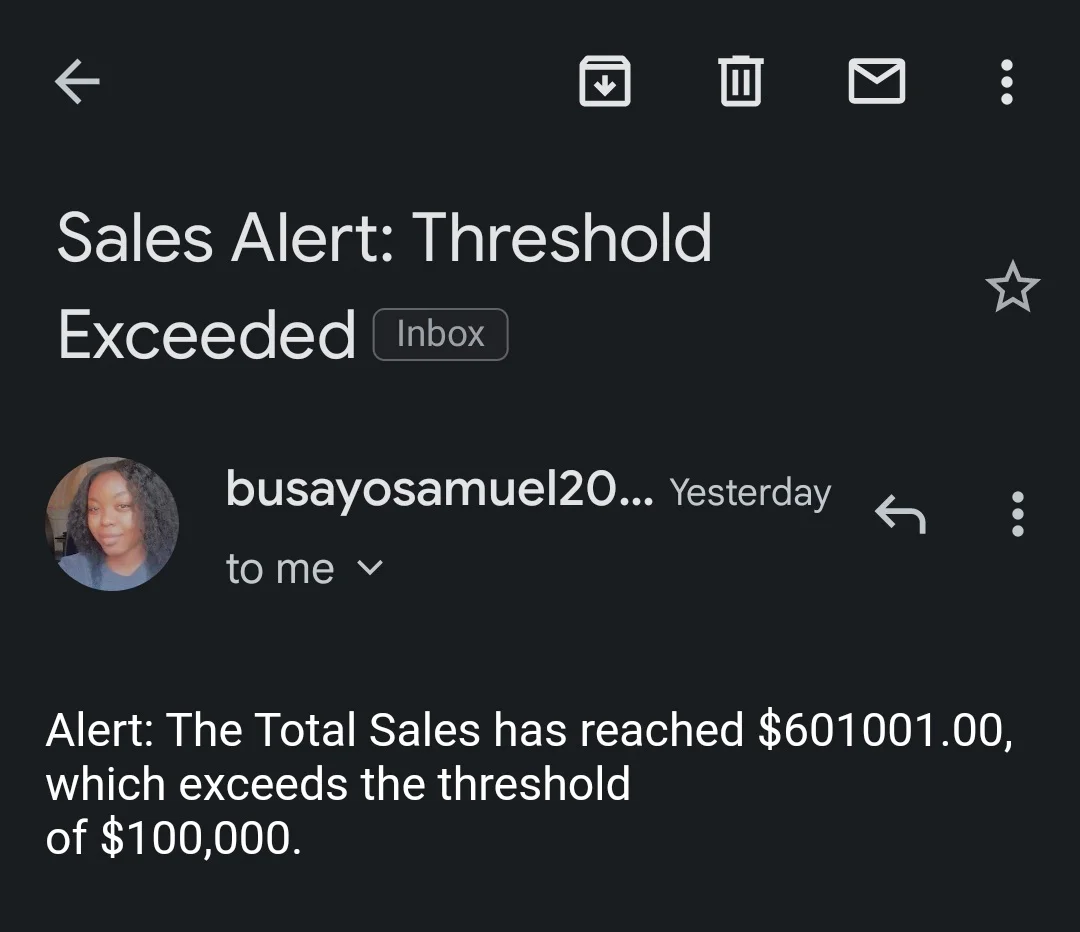Screenshot of email notification