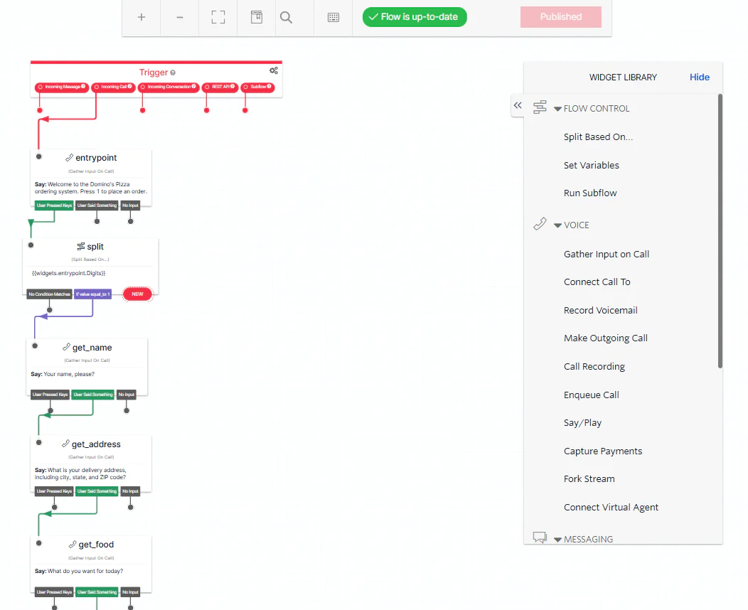 Screenshot of a call flow design interface showing steps like split, get_name, get_address, and get_food. Flow containing entrypoint, split, get_name, get_address and get_food.